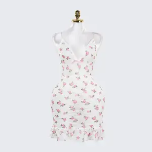 Deep V Rose Print Chemise Spaghetti Strap Slip Dress