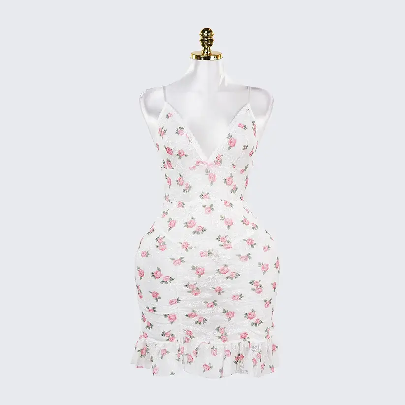 Deep V Rose Print Chemise Spaghetti Strap Slip Dress