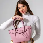 Belted Pebbled Hand Bag - pink
