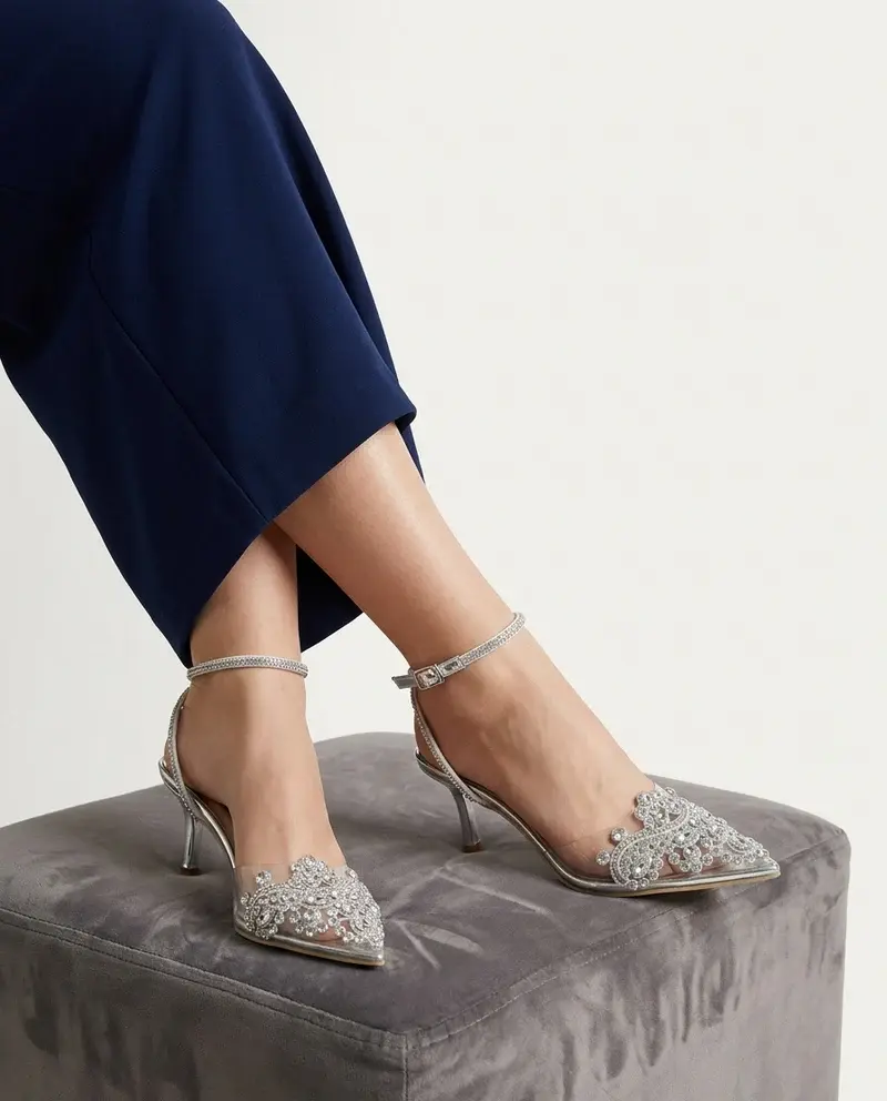 Elegant Front Detail Heels with Sparkling Ankle Strap C-105