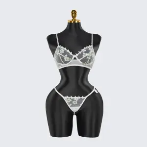 Sexy White Lace Embroidered Lingerie Sheer Bra Panties Set