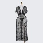 Black Lace Embroidery High Slit See-Through Seduction Negligee Panty Set