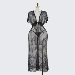 Black Lace Embroidery High Slit See-Through Seduction Negligee Panty Set