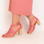 Leather Block Heel Sandals – Perforated Design - C-69