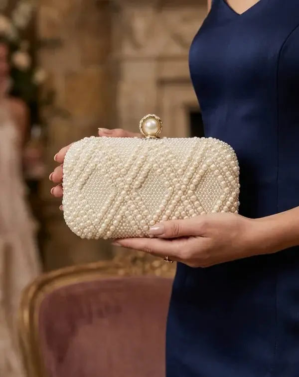 Pearl-Embellished Evening Bag with Geometric Diamond Pattern VS-70