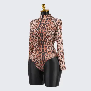 Sexy Leopard Long Sleeve Zipper Bodysuit