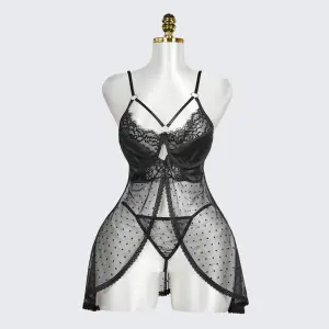 Black Polka Dot Mesh Gauze Top Panty Set