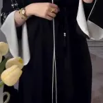 LUXURY HANDMADE BLACK ABAYA WITH WHITE ACCENT AND BEADED EMBROIDERY B9