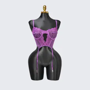 Purple Lace Embroidered Stockings Bra Panty Set