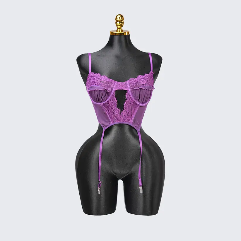 Purple Lace Embroidered Stockings Bra Panty Set