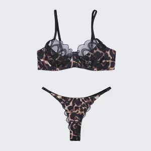 Sheer Lace Leopard Push Up Bra Panty Set