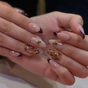 10pcs almond-shaped french burgundy&shiny gold mirrored&tiger nails