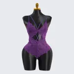 Purple Hollowed-out Lace Bodysuit