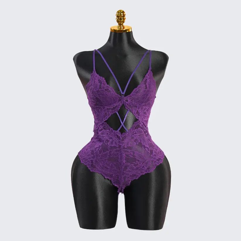 Purple Hollowed-out Lace Bodysuit