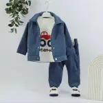 طقم خروجي 3 قطع اولادي قطيفة مضلع عربية جرار ازرق كيدي