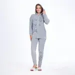 Winter Grey Cotton Pajama Set – Embroidered Jacket & Pants
