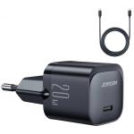 Joyroom JR-TCF02 PD 20W Mini Intelligent EU Fast Charger with C to C Cable, 1 Meter Length, Black