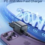 Joyroom JR-TCF02 PD 20W Mini Intelligent EU Fast Charger with C to C Cable, 1 Meter Length, Black