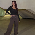 Baggy Jeans with Double Button & X Tie 2B Brown