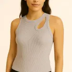 Women’s Sleeveless Cut-Out Tank Top – 100% Cotton – Trendy Casual Slim Fit Shirt