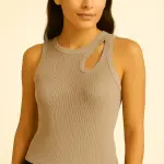 Women’s Sleeveless Cut-Out Tank Top – 100% Cotton – Trendy Casual Slim Fit Shirt